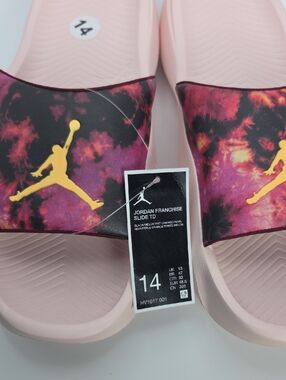 Jordan Slides with Pink Tie-Dye Strap and Gold Jumpman